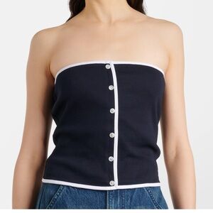 Veronica Beard Valley Cotton Blend Ribbed Tube Top Navy White Trim M|M